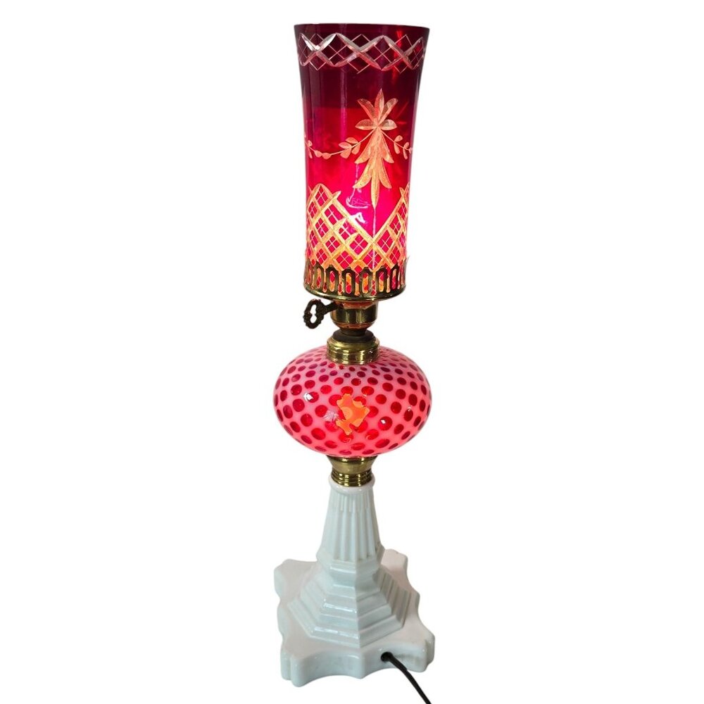 Vintage Cranberry Hobnail Glass Lamp Fenton Style Cut to Clear Shade Milk Glass